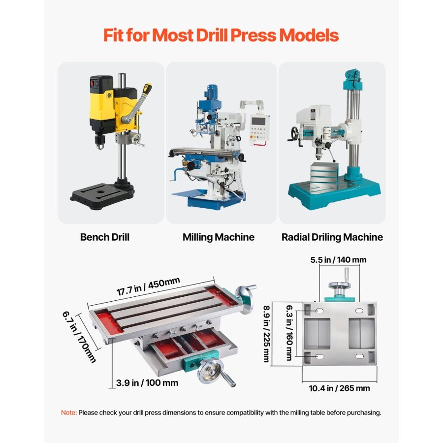 VEVOR Milling Table 17.7×6.7Inch (450 x 170 mm) Compound Slide Milling Table 30KG Multifunction Worktable Cross Milling Machine Compound 2 Axis 4 Ways for All Drill Stands Bench Drilling Milling Machine
