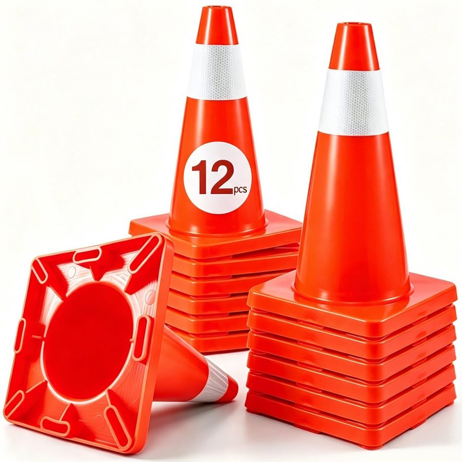 VEVOR 12Pack 18\" Traffic Cones, Safety Road Parking Cones PVC Base, Orange Traffic Cone with Reflective Collars, Hazard Construction Cones for Home Traffic Parking