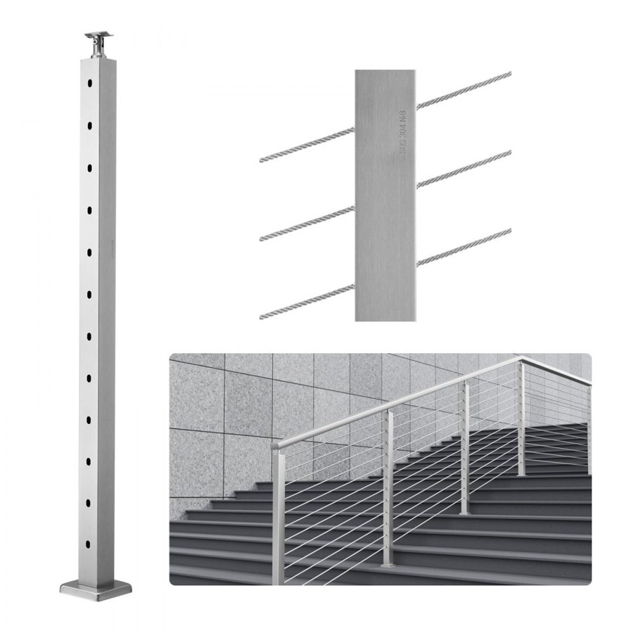VEVOR Cable Railing Post, 42" x 2" x 2" Steel 30° Angled Hole Stair Railing Post, 12 Pre-Drilled Holes, SUS304 Stainless Steel Cable Rail Post with Horizontal and Curved Bracket, 1JZLGZ1067556VUN5V0