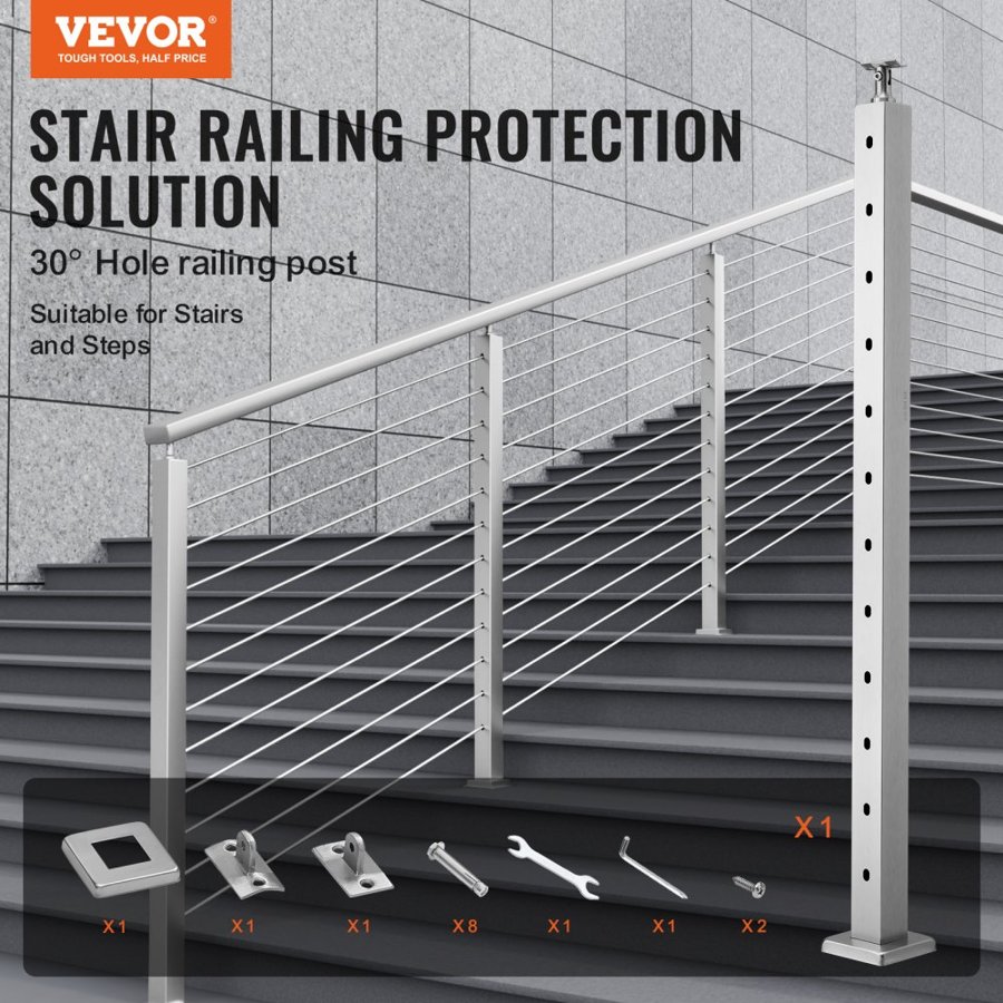 VEVOR Cable Railing Post, 42" x 2" x 2" Steel 30° Angled Hole Stair Railing Post, 12 Pre-Drilled Holes, SUS304 Stainless Steel Cable Rail Post with Horizontal and Curved Bracket, 1JZLGZ1067556VUN5V0
