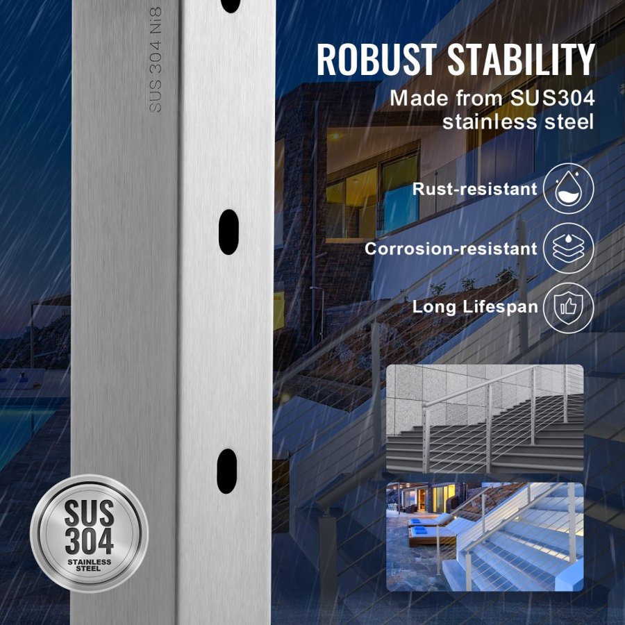 VEVOR Cable Railing Post, 42" x 2" x 2" Steel 30° Angled Hole Stair Railing Post, 12 Pre-Drilled Holes, SUS304 Stainless Steel Cable Rail Post with Horizontal and Curved Bracket, 1JZLGZ1067556VUN5V0