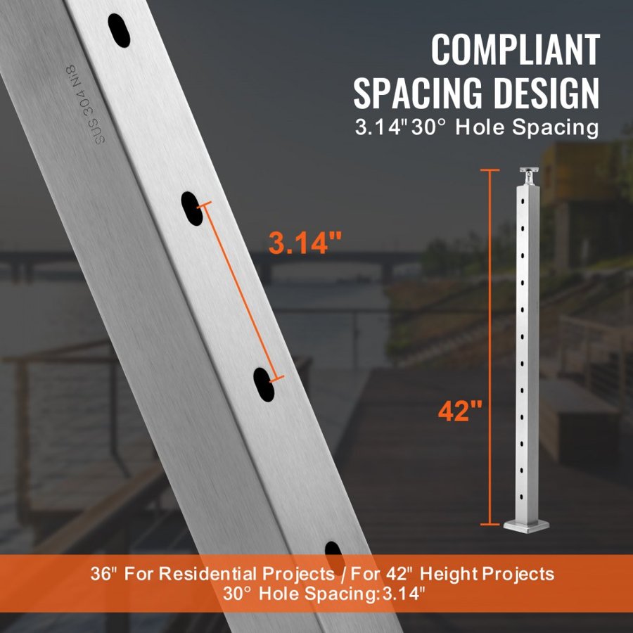 VEVOR Cable Railing Post, 42" x 2" x 2" Steel 30° Angled Hole Stair Railing Post, 12 Pre-Drilled Holes, SUS304 Stainless Steel Cable Rail Post with Horizontal and Curved Bracket, 1JZLGZ1067556VUN5V0