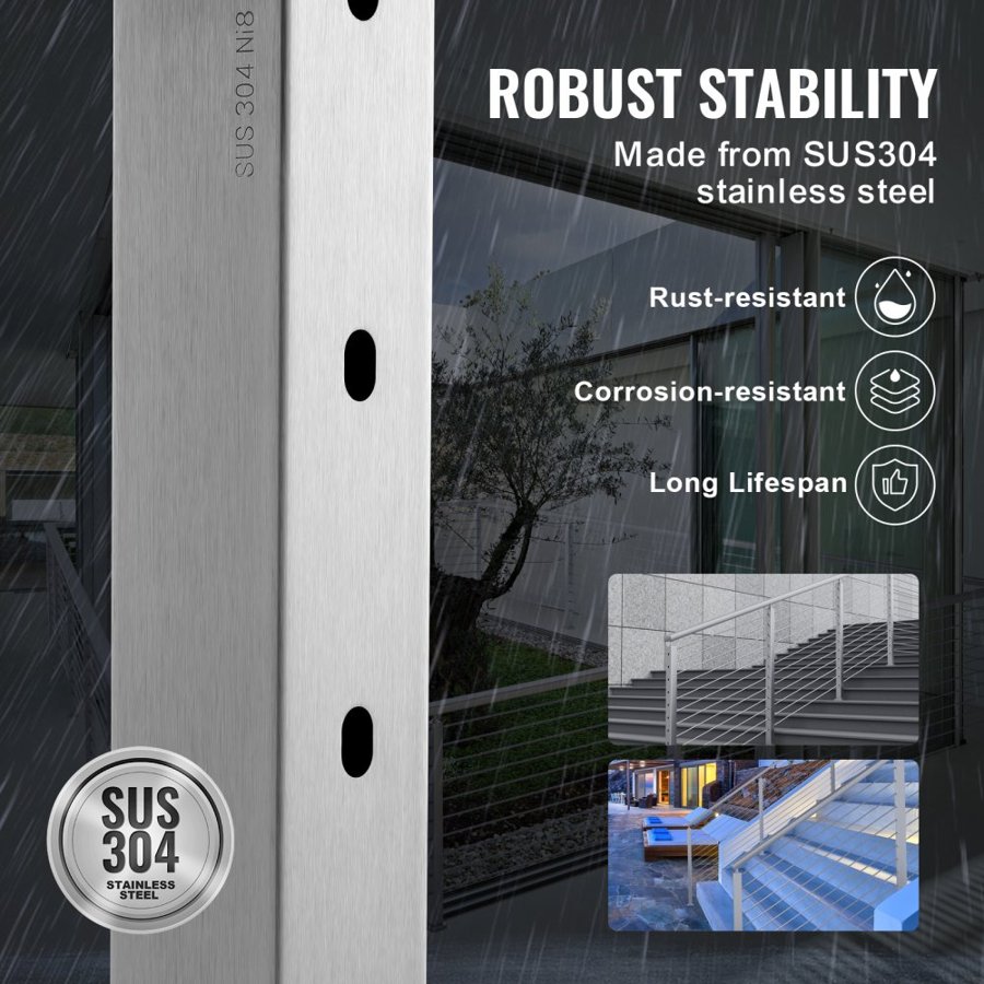VEVOR Cable Railing Post 36x2x2in/91.4x5.1x5.1 cm Horizontal Hole Deck Railing Post Silver 1Pack