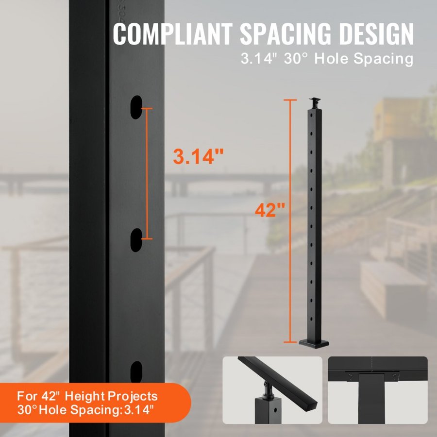 VEVOR Cable Railing Post, 42" x 1" x 2" Steel 30° Angled Hole Stair Railing Post, 12 Pre-Drilled Holes, SUS304 Stainless Steel Cable Rail Post with Horizontal and Curved Bracket, 1JZLGZHS1067HNEKBV0