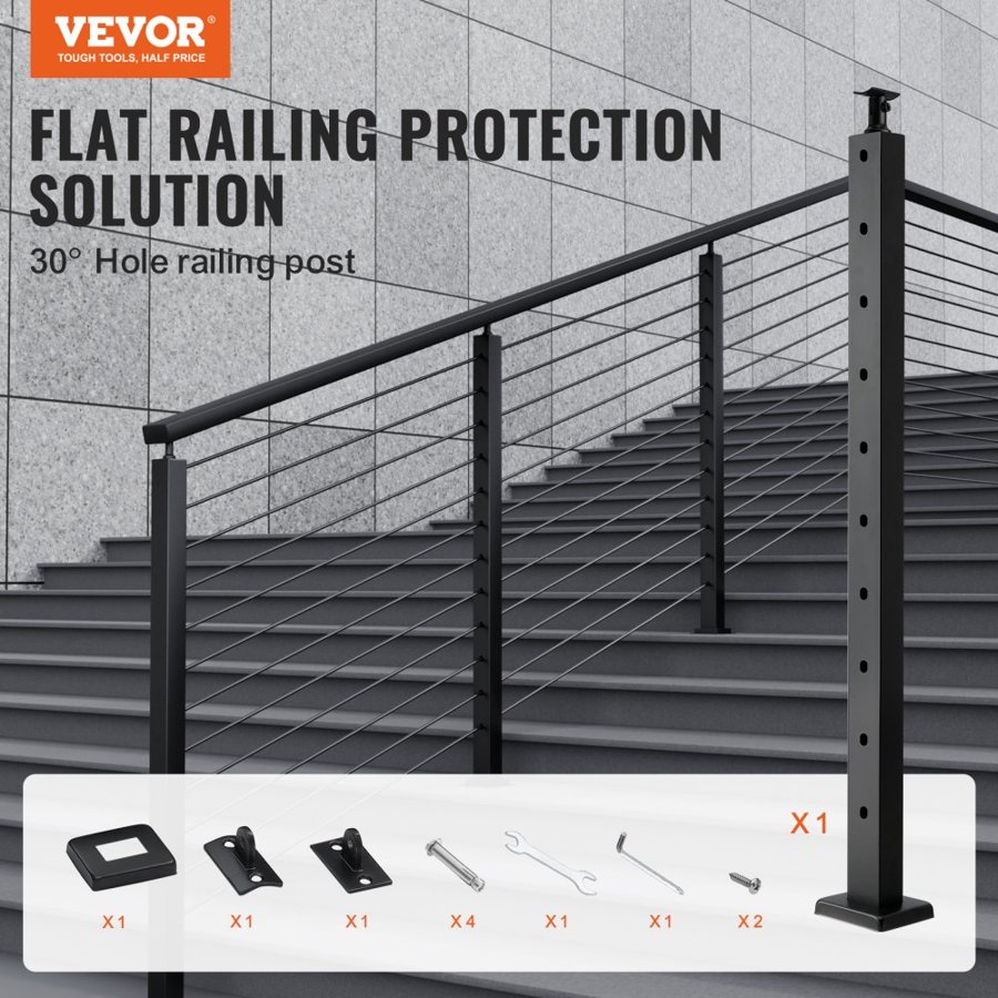 VEVOR Cable Railing Post, 36" x 1" x 2" Steel 30° Angled Hole Stair Railing Post, 10 Pre-Drilled Holes, SUS304 Stainless Steel Cable Rail Post with Horizontal and Curved Bracket, 1JZLGZHS91424HS5GV0