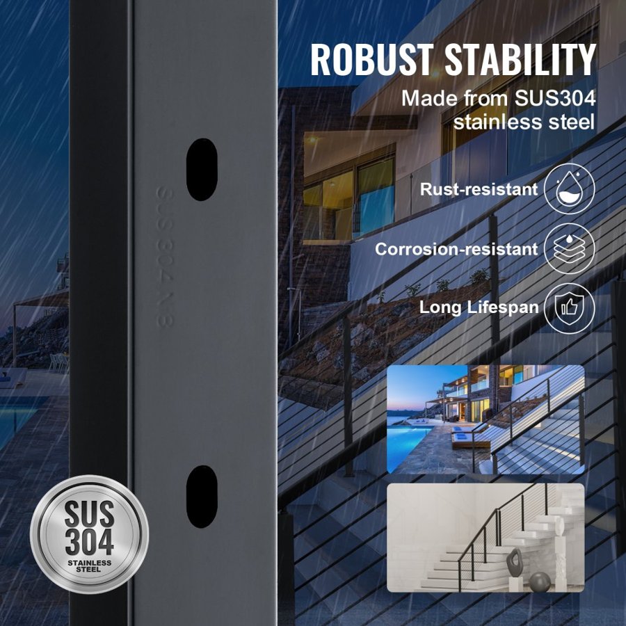 VEVOR Cable Railing Post, 36" x 1" x 2" Steel 30° Angled Hole Stair Railing Post, 10 Pre-Drilled Holes, SUS304 Stainless Steel Cable Rail Post with Horizontal and Curved Bracket, 1JZLGZHS91424HS5GV0