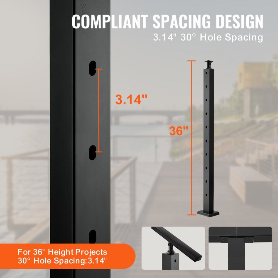 VEVOR Cable Railing Post, 36" x 1" x 2" Steel 30° Angled Hole Stair Railing Post, 10 Pre-Drilled Holes, SUS304 Stainless Steel Cable Rail Post with Horizontal and Curved Bracket, 1JZLGZHS91424HS5GV0