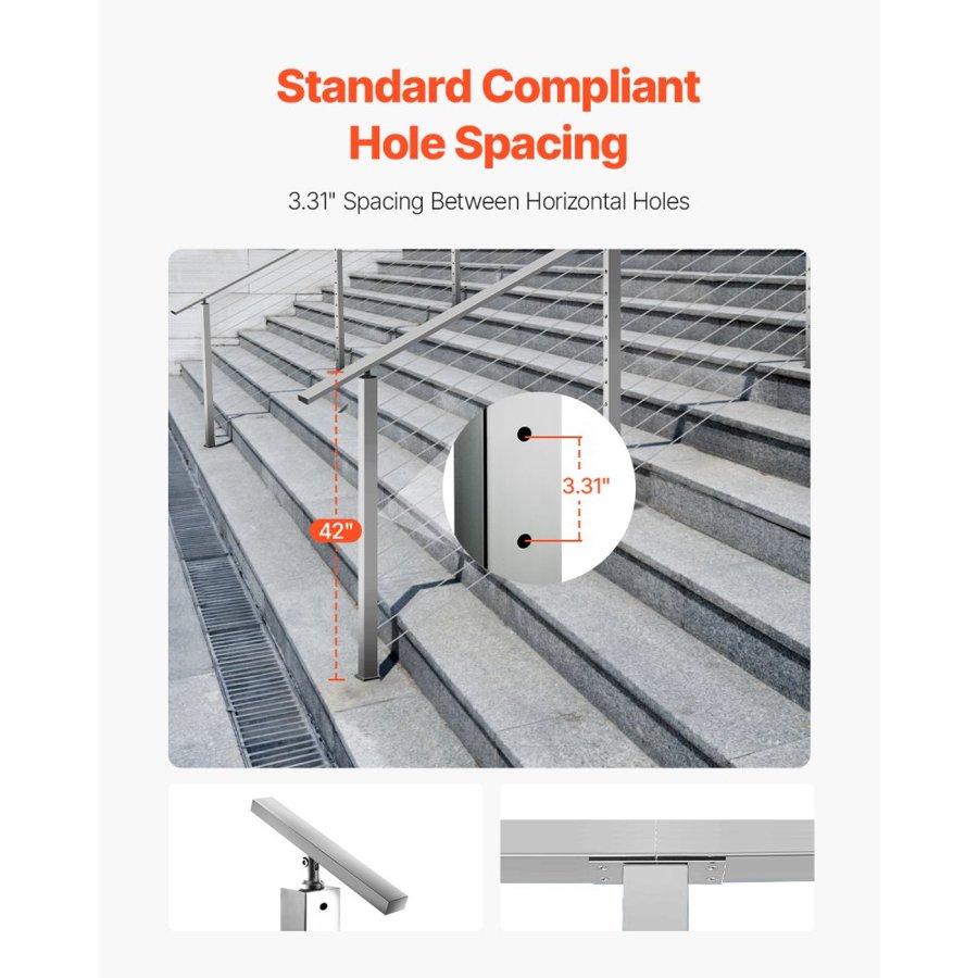 VEVOR Cable Railing Post, 42x2x2 Inch Stair Railing Post, with Pre-Drilled 30° Angled Holes, Stainless Steel Cable Rail Post with Horizontal and Curved Bracket, 1-Pack, Silver, 1JZLGZXYS1062TLWC001V0