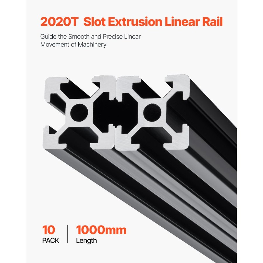 VEVOR 10PCS 39.4in (1000mm) T Slot 2020 Aluminum Extrusion Profile, European Standard Anodized Linear Rail, High-Strength Extruded Aluminum Rail for 3D Printer, CNC Machine DIY, Laser Engraving, Black
