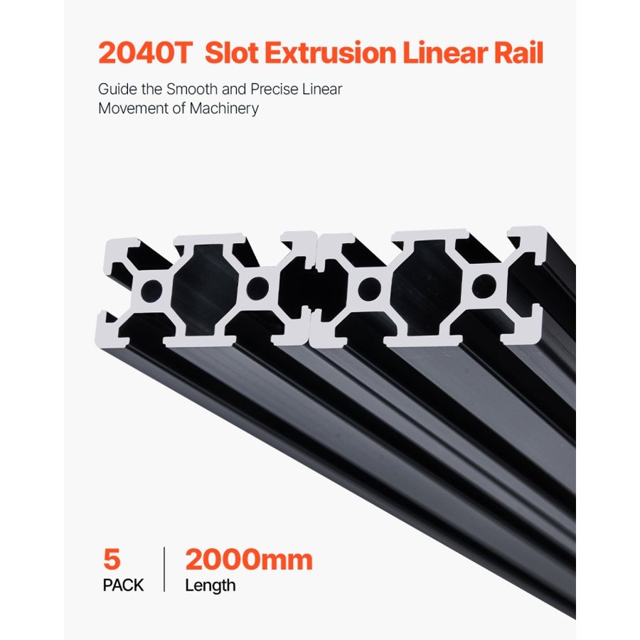 VEVOR 5PCS 78.7 in (2000mm) T Slot 2040 Aluminum Extrusion Profile, European Standard Anodized Linear Rail, High-Strength Extruded Aluminum Rail for 3D Printer, CNC Machine DIY, Laser Engraving, Black