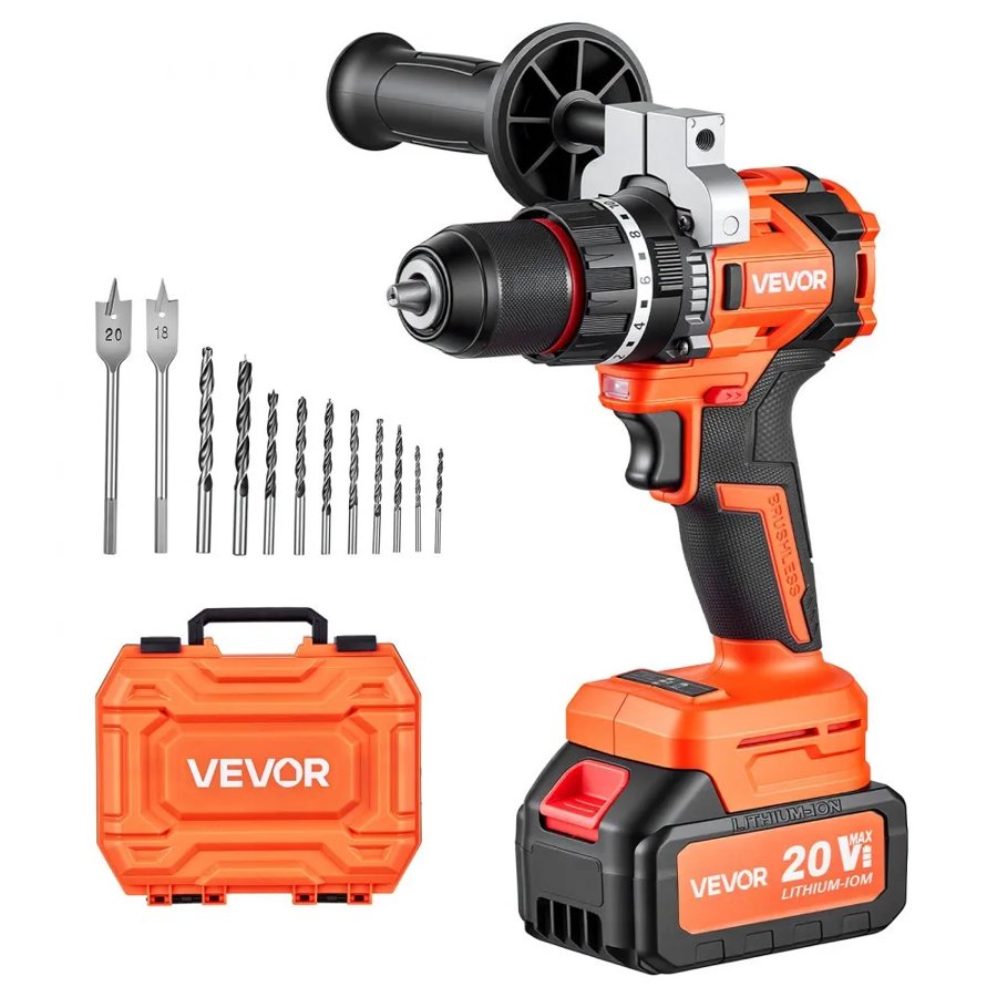 VEVOR Hammer Drill 20V 1/2 in 26000 IPM Brushless Cordless Impact Drill Kit, for Drilling Wood Metal Screw Driving, 4000 mAh Lithium-Ion Battery Pack and Charger, with All-Metal Chuck, Compact Design