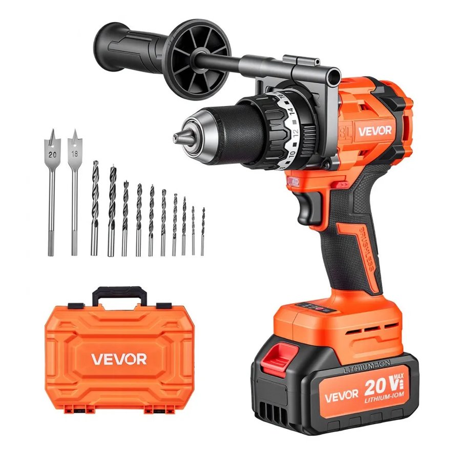 VEVOR Hammer Drill 20V 1/2 in 24000 IPM Brushless Cordless Impact Drill Kit, for Drilling Wood Metal Screw Driving, 4000 mAh Lithium-Ion Battery Pack and Charger, with All-Metal Chuck, Compact Design