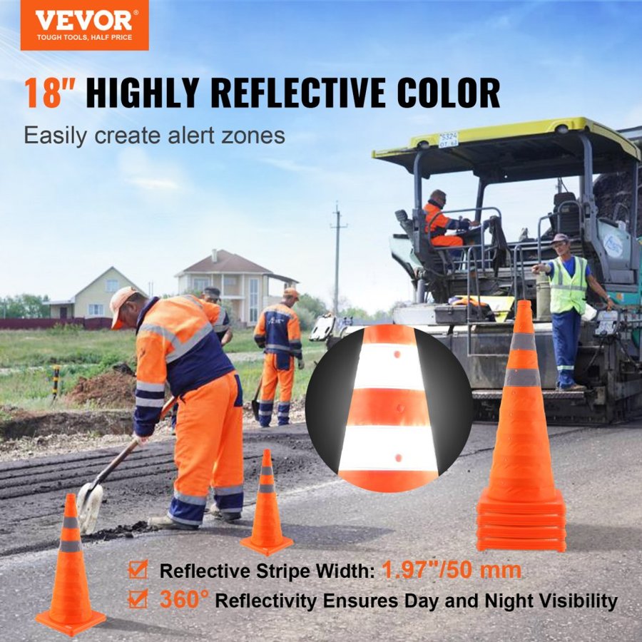 VEVOR Safety Cones, 4 Pack 28 inch Collapsible Traffic Cones, Construction Cones with Reflective Collars, Wide Base and A Storage Bag, for Traffic Control, Driving Training, Parking Lots