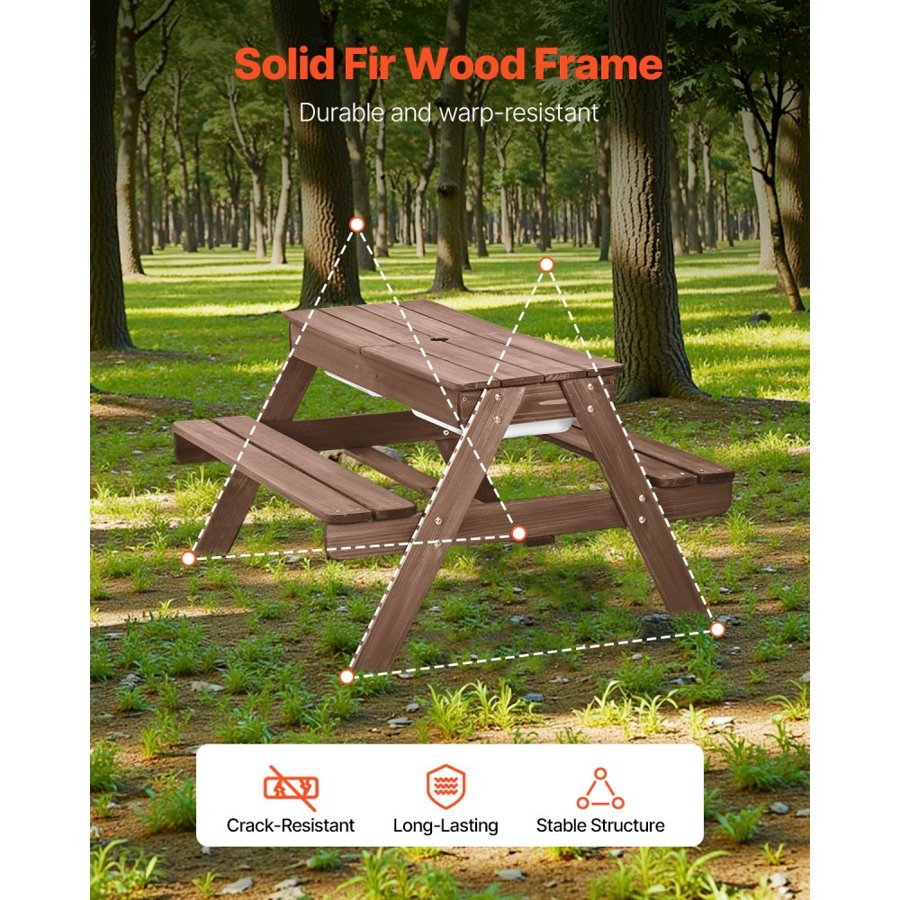 VEVOR Kids Picnic Table with Umbrella, 3-in-1 Sand & Water Table, Outdoor Wooden Table and Bench Set with 2 Trays, 4-People Patio Dining Furniture for Garden, Backyard and Porch (Walnut)