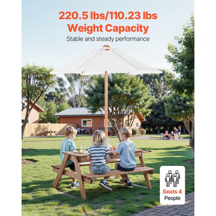 VEVOR Kids Picnic Table with Umbrella, 3-in-1 Sand & Water Table, Outdoor Wooden Table and Bench Set with 2 Trays, 4-People Patio Dining Furniture for Garden, Backyard and Porch (Walnut)
