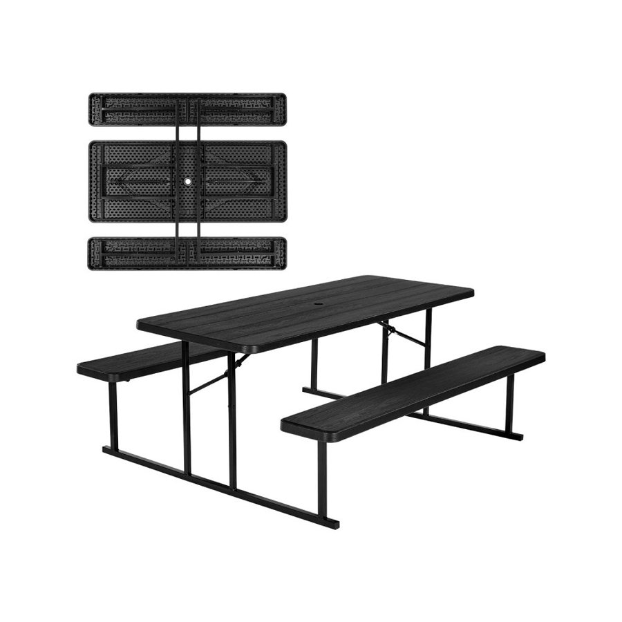 VEVOR Foldable Picnic Table, 6 FT Folding Picnic Tables with Benches, Steel Outdoor Bench Set with Umbrella Hole, Large Outside Dining Table for Patio Garden Yard Poolside (Black)