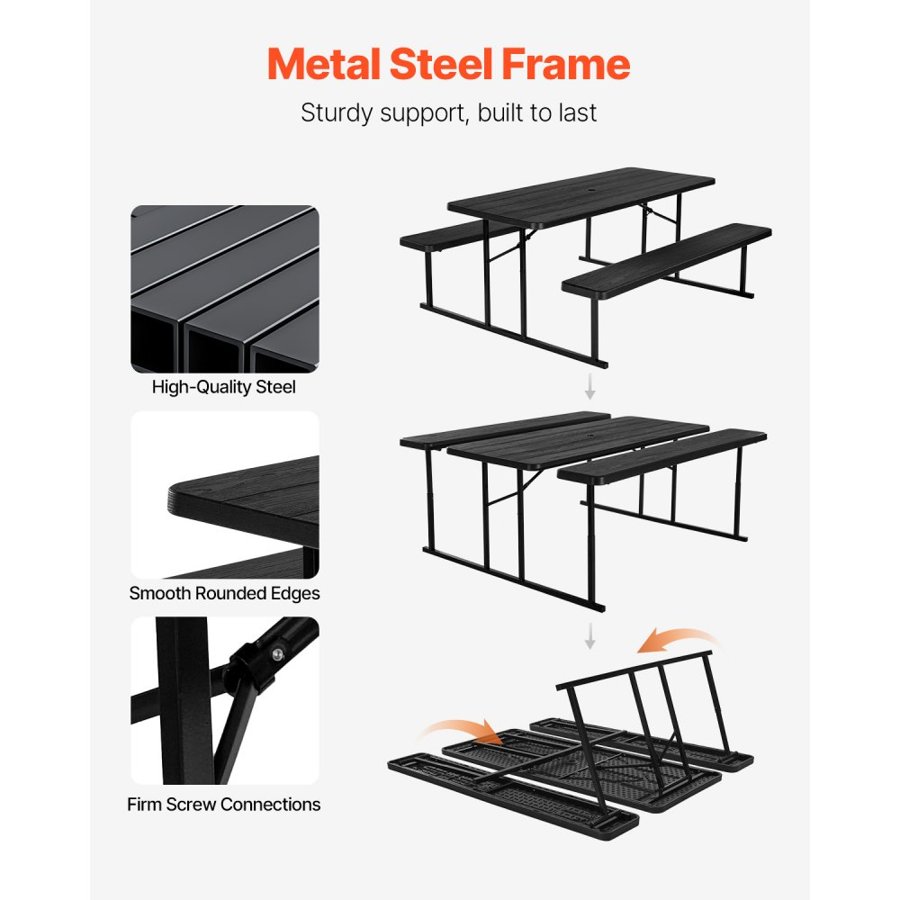 VEVOR Foldable Picnic Table, 6 FT Folding Picnic Tables with Benches, Steel Outdoor Bench Set with Umbrella Hole, Large Outside Dining Table for Patio Garden Yard Poolside (Black)