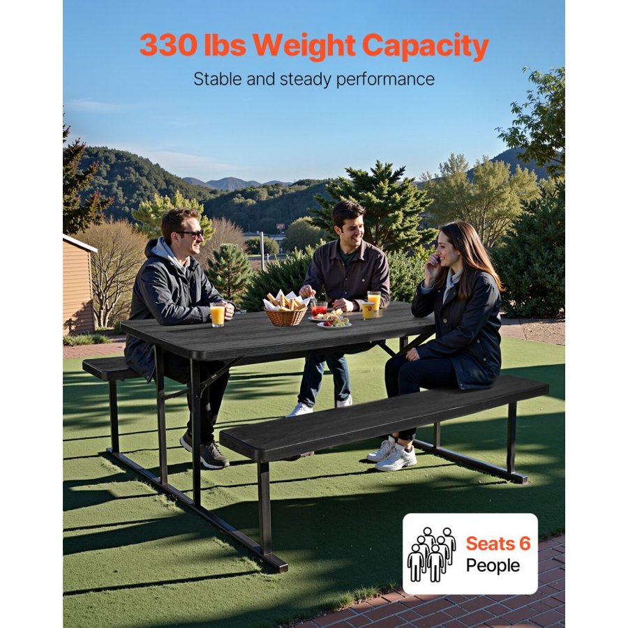 VEVOR Foldable Picnic Table, 6 FT Folding Picnic Tables with Benches, Steel Outdoor Bench Set with Umbrella Hole, Large Outside Dining Table for Patio Garden Yard Poolside (Black)