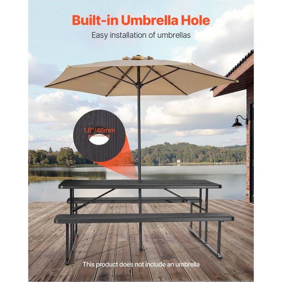 VEVOR Foldable Picnic Table, 6 FT Folding Picnic Tables with Benches, Steel Outdoor Bench Set with Umbrella Hole, Large Outside Dining Table for Patio Garden Yard Poolside (Black)