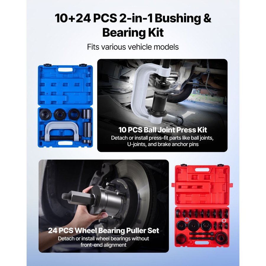 VEVOR Wheel Bearing Press Kit – 10+24 Pcs, 2-in-1, C-Frame