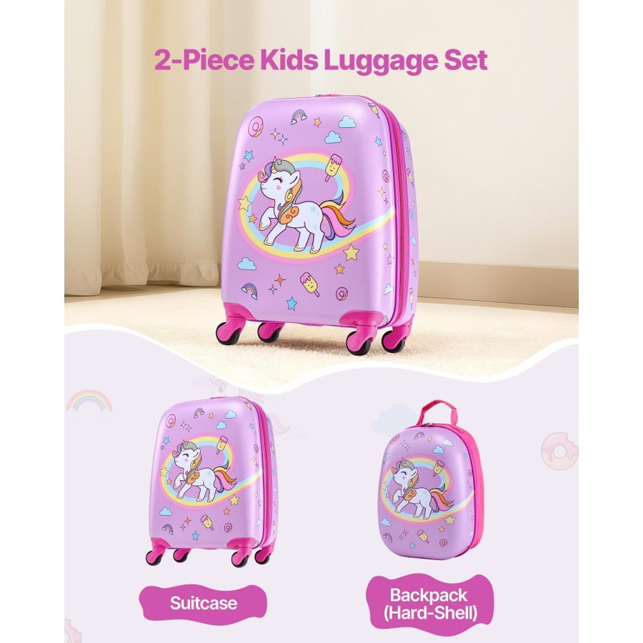 VEVOR Kids Luggage Set, 2 Piece, 45.7 cm Hardside Rolling Wheels Suitcase with Hard-Shell Backpack, Unicorn Kids Carry on Luggage Set, Holiday Birthday Gift for Girls & Boys, Airline Approved