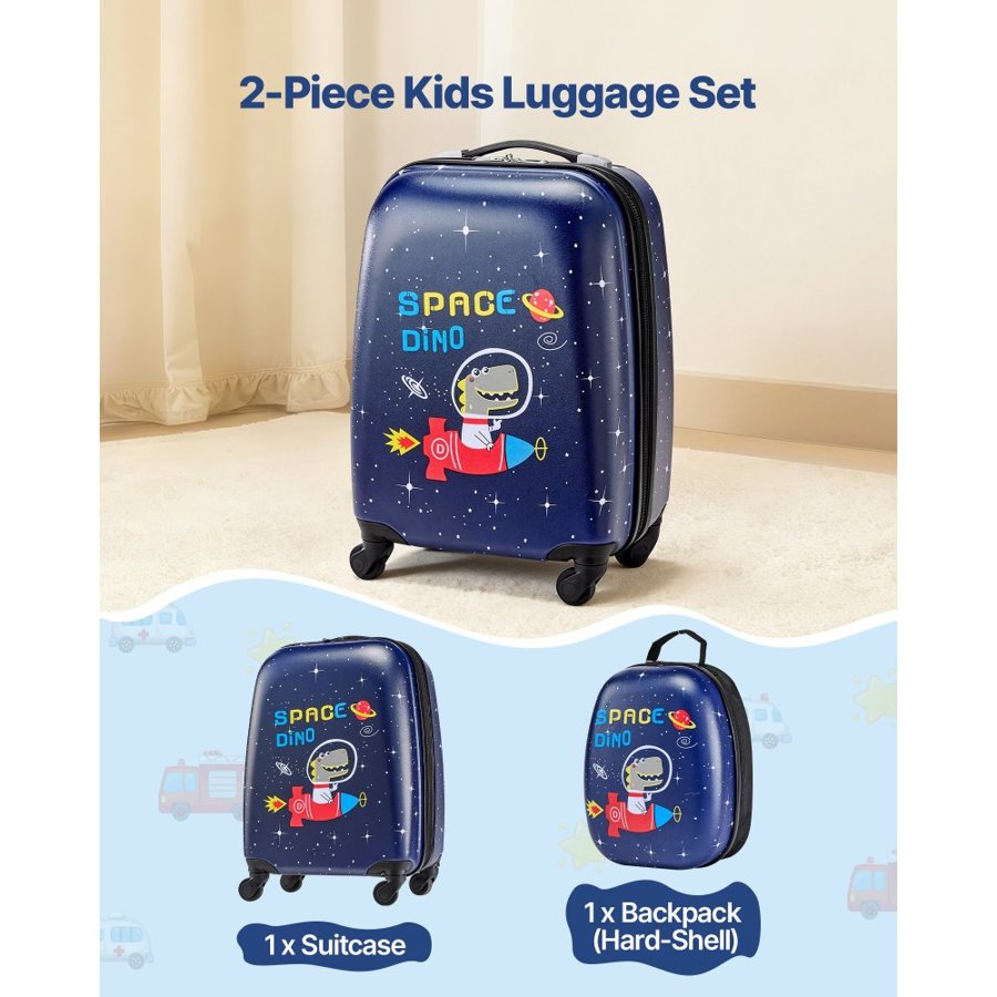 VEVOR Kids Luggage Set, 2 Piece, 45.7 cm Hardside Rolling Wheels Suitcase with Hard-Shell Backpack, Dinosaur Kids Carry on Luggage Set, Holiday Birthday Gift for Girls & Boys, Airline Approved