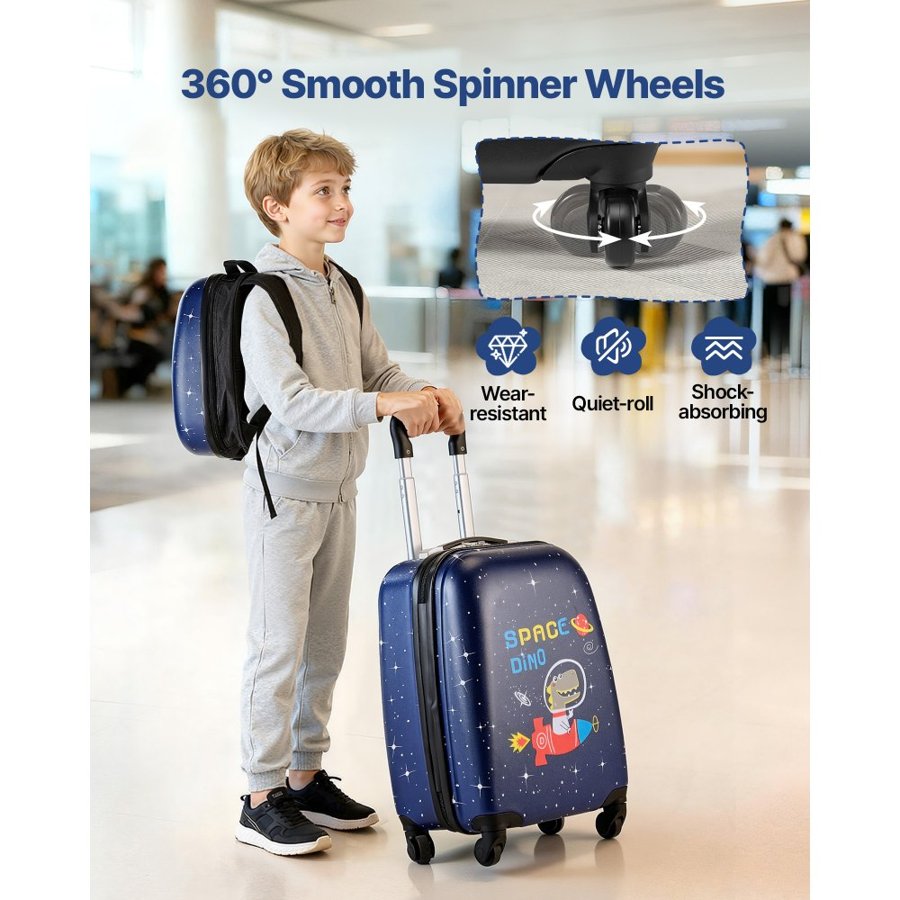 VEVOR Kids Luggage Set, 2 Piece, 45.7 cm Hardside Rolling Wheels Suitcase with Hard-Shell Backpack, Dinosaur Kids Carry on Luggage Set, Holiday Birthday Gift for Girls & Boys, Airline Approved