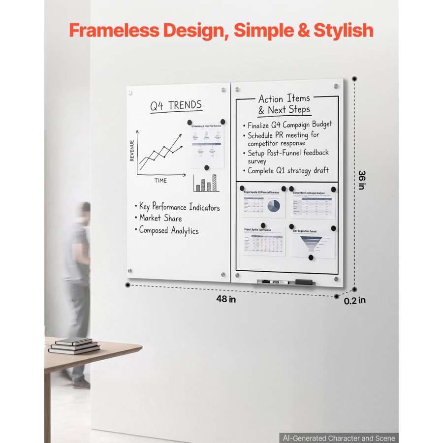 VEVOR Glass Dry Erase Board 2 Pack 900 x 600 mm White Magnetic Whiteboard, Wall-Mounted, Frameless, Thick Tempered Glass, with Markers, Magnets and Eraser, for Office, School Classroom, Home Study