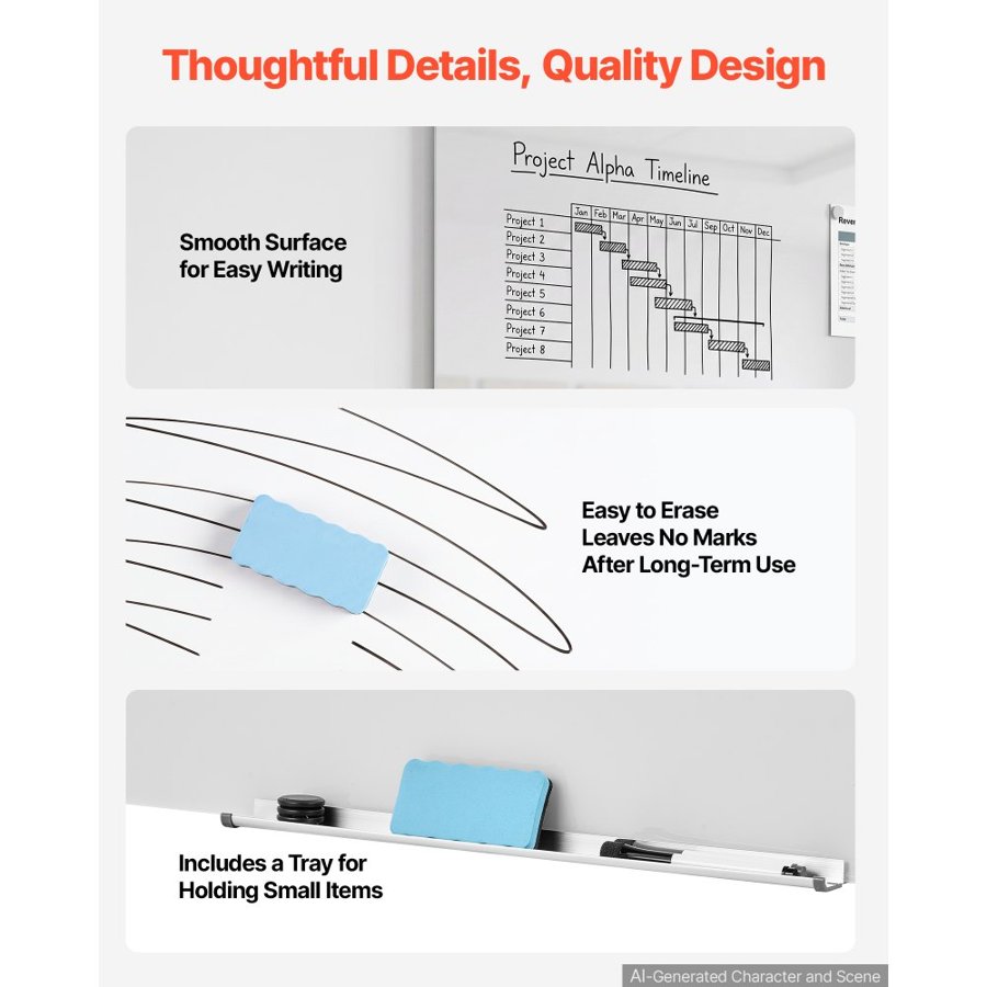VEVOR Glass Dry Erase Board 2 Pack 900 x 600 mm White Magnetic Whiteboard, Wall-Mounted, Frameless, Thick Tempered Glass, with Markers, Magnets and Eraser, for Office, School Classroom, Home Study