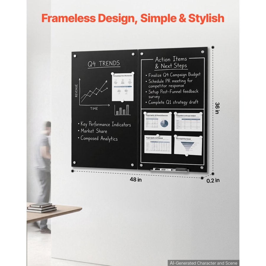 VEVOR Glass Dry Erase Board 2 Pack 35.4 x 23.6 in Black Magnetic Whiteboard, Wall-Mounted, Frameless, Thick Tempered Glass, with Markers, Magnets and Eraser, for Office, School Classroom, Home Study