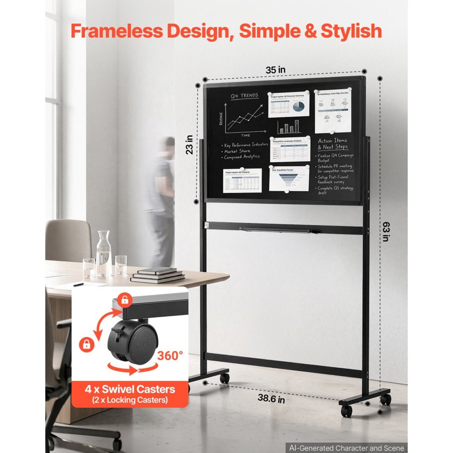 VEVOR Glass Dry Erase Board 888x583mm Magnetic Whiteboard with Base Black, Frameless, Mobile with Stand and Wheels, Includes Markers, Magnets and Eraser, for Office, School Classroom, and Home