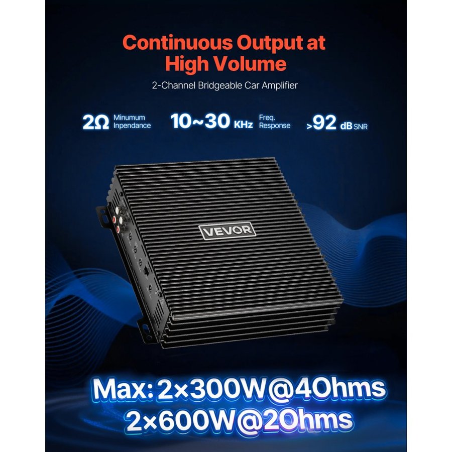 VEVOR 2 Channel Car Audio Amplifier – Class AB, 1200W Max