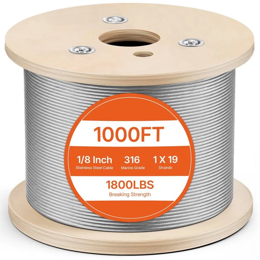 VEVOR T316 Stainless Steel Wire Rope Cable High Strength Tension Flexible Stainless Steel Cable OD 3.2MM Length 1000Ft 11.14KN Cable Railing(300M)