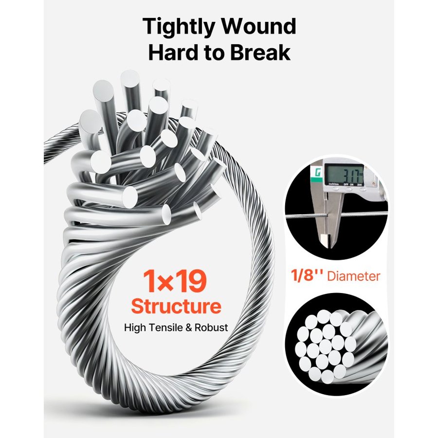 VEVOR T316 Stainless Steel Wire Rope Cable High Strength Tension Flexible Stainless Steel Cable OD 3.2MM Length 1000Ft 11.14KN Cable Railing(300M)