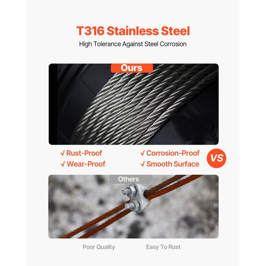VEVOR T316 Stainless Steel Cable 3.2 mm 7x7 Steel Wire Rope Cable 15240 cm Cable Railing Transport Wire Rope Cable for Railing Decking DIY Balustrade