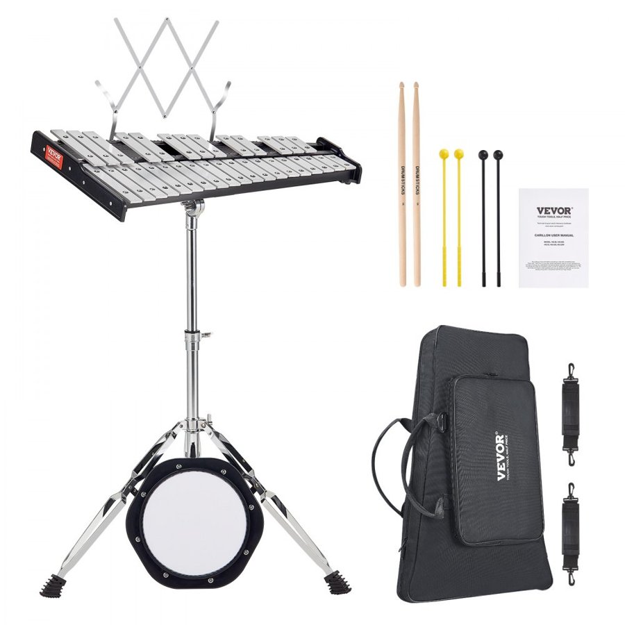 VEVOR 32 Note Glockenspiel Xylophone Bell Kit, Professional Percussion Instrument Set with Mallets, Drum Sticks, Music Stand,  203mm / 8" Practice Pad, Adjustable Stand and Carrying Bag for Students & Adults