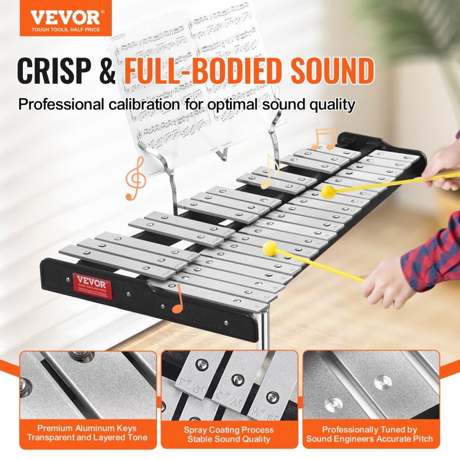 VEVOR 32 Note Glockenspiel Xylophone Bell Kit, Professional Percussion Instrument Set with Mallets, Drum Sticks, Music Stand,  203mm / 8" Practice Pad, Adjustable Stand and Carrying Bag for Students & Adults