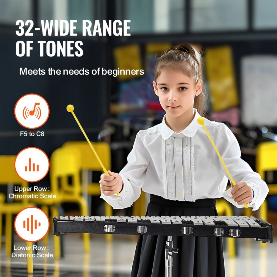 VEVOR 32 Note Glockenspiel Xylophone Bell Kit, Professional Percussion Instrument Set with Mallets, Drum Sticks, Music Stand,  203mm / 8" Practice Pad, Adjustable Stand and Carrying Bag for Students & Adults