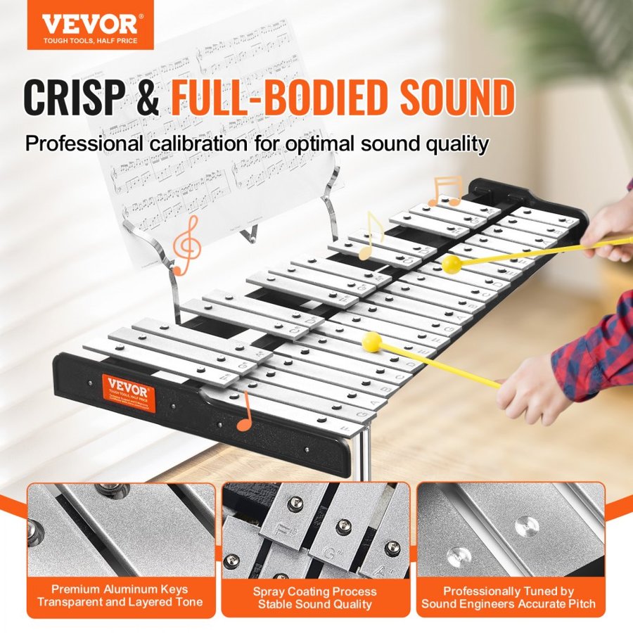 VEVOR 32 Note Glockenspiel Xylophone Bell Kit, Professional Percussion Instrument Set with Mallets, Drum Sticks, Music Stand, Adjustable Stand and Carrying Bag for Students & Adults