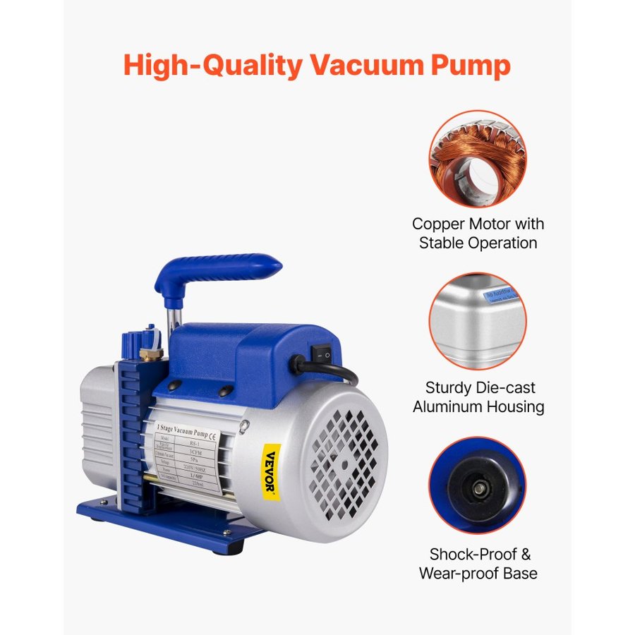 VEVOR 1 Stage Vacuum Pump – 1/4HP, 3CFM, 1440RPM