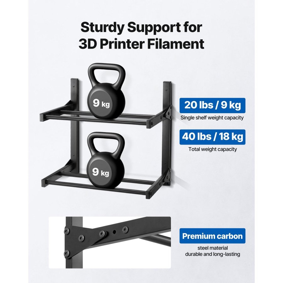 VEVOR Wall Mount Printer Filament Storage Rack, 2-Tier Wall Bracket Storage Shelf, Rolling Filament Spool Holders Racks with Wheels, Filaments Organzied for 3D Printing Studio, Workshop (Shelf Only)