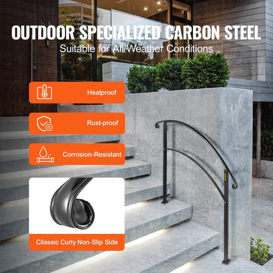 VEVOR Handrails for Outdoor Steps, Fit 1 or 3 Steps Outdoor Stair Railing, Black Wrought Iron Handrail, Flexible Front Porch Hand Rail, Transitional Handrails for Concrete Steps or Wooden Stairs