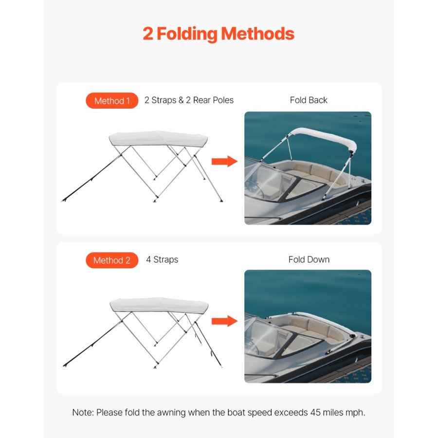 VEVOR Boat Bimini Top Cover – 600D, 45 MPH, 6 Inch, 3 Bow