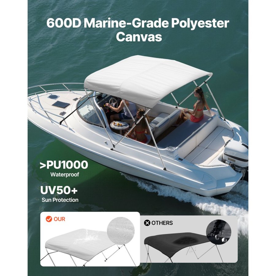 VEVOR 3 Bow Bimini Top – 72" L, 73"-78" W, 46" H, 4 Straps