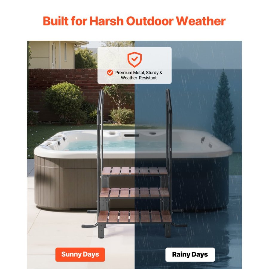 VEVOR Hot Tub Step with Handrail, 3-Step Spa Outdoor Stairs, Heavy Duty 640.1 mm Wide Above-Ground/Inflatable Pool Ladder with 249.5 kg Weight Capacity, Multi-Use for Porch, Patio, Deck, Trailers
