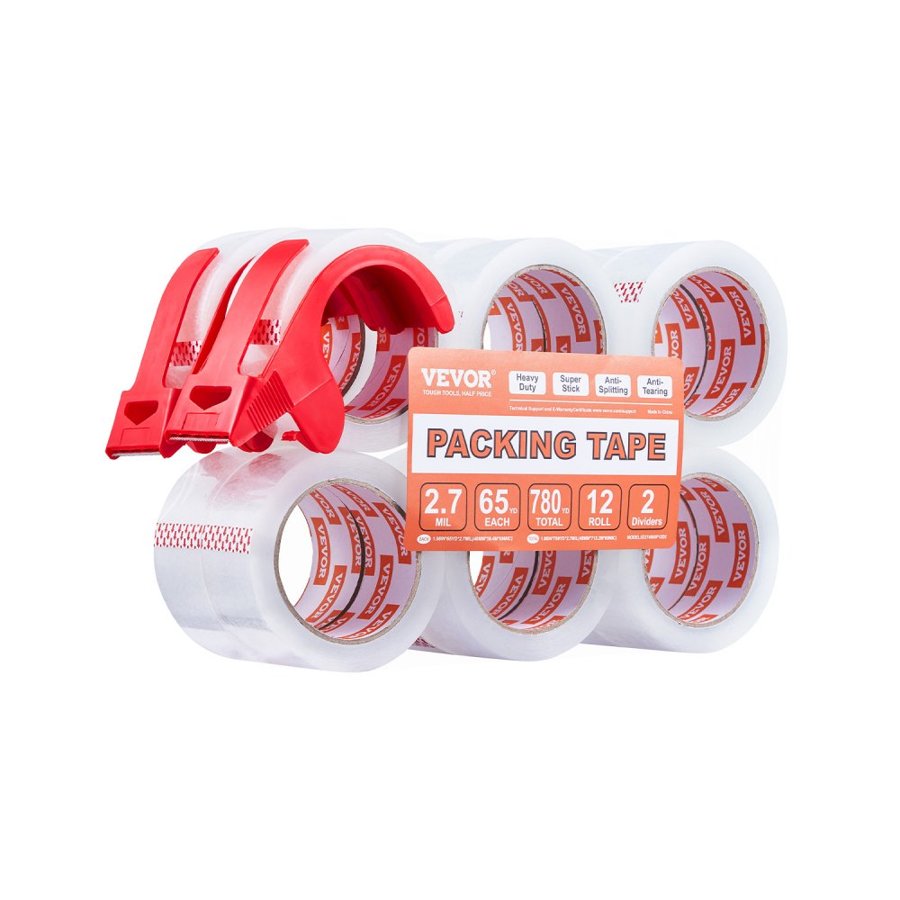 VEVOR Clear Packing Tape, 3 inches Core, 12 Rolls 1.88 Inches x 65 Yards Packing Tape with Dispenser, 2.7 Mil Heavy Duty Packaging Tape Designed for Moving, Storage and Packing, Shipping and Mailing