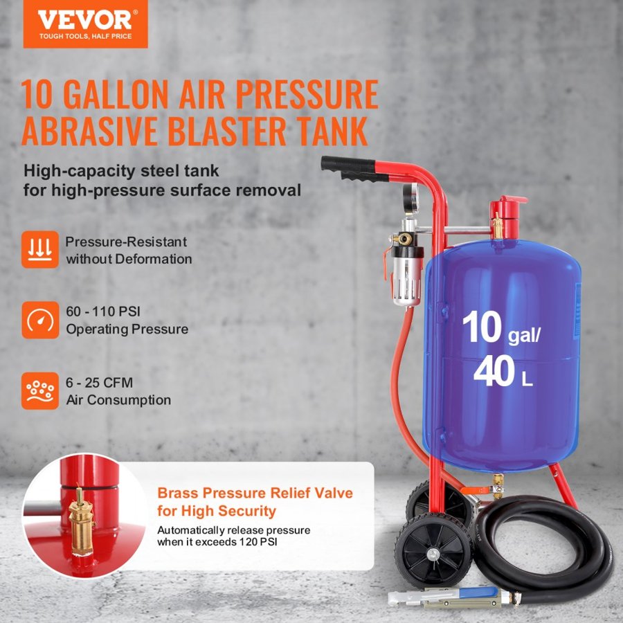 VEVOR 10Gal/40L Sandblaster Equipped with Nozzle Shut-Off Valve Pressure Gauge Ceramic Nozzle 2.5m Hose Filling Funnel Watertrap 6\" Rubber Wheels Grit Power Sand Blasters Portable Sandblasting Equipm