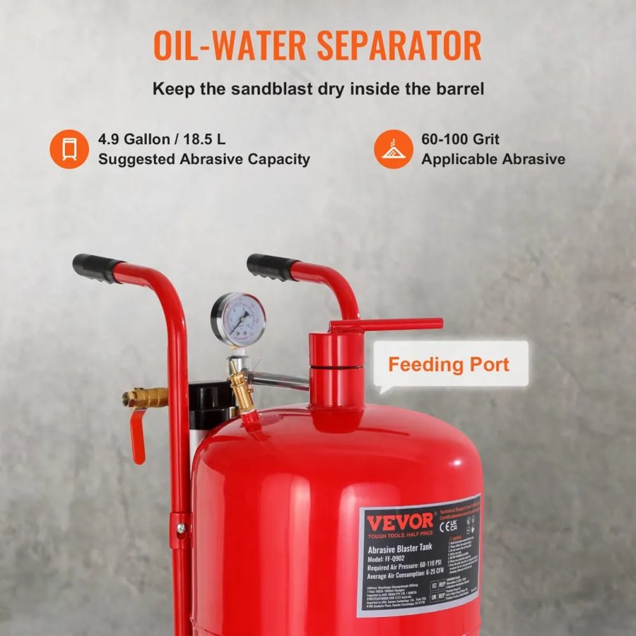 VEVOR 10Gal/40L Sandblaster Equipped with Nozzle Shut-Off Valve Pressure Gauge Ceramic Nozzle 2.5m Hose Filling Funnel Watertrap 6\" Rubber Wheels Grit Power Sand Blasters Portable Sandblasting Equipm