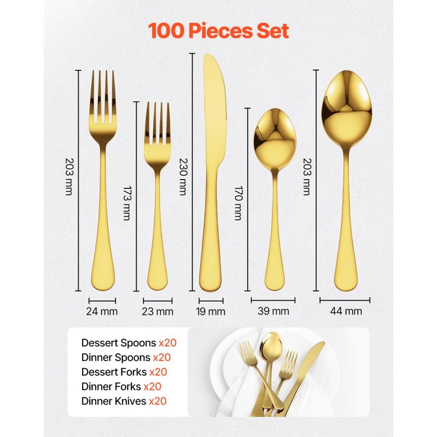 VEVOR 100-Piece Gold Silverware Set, Food-Grade Stainless Steel Flatware Utensils for 20, Mirror Finished Cutlery Set, Dishwasher Safe Eating Tableware for Kitchen Home, Include Knife Fork Spoon