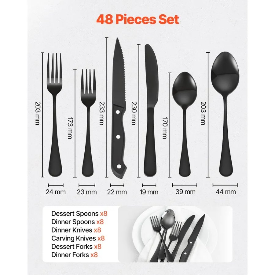 VEVOR Black Silverware Set – 48 PCS, 18/0 Stainless Steel